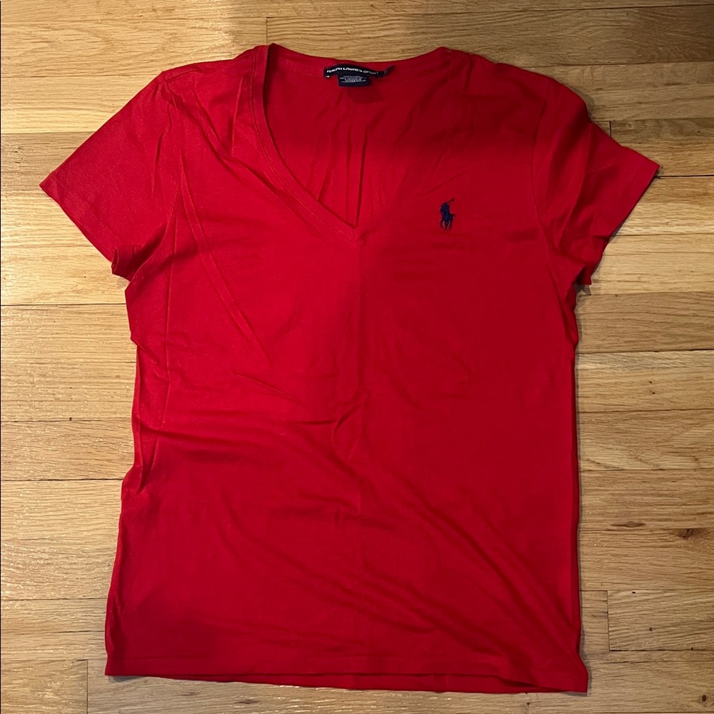Ralph Lauren Red V-Neck Tee with Logo
